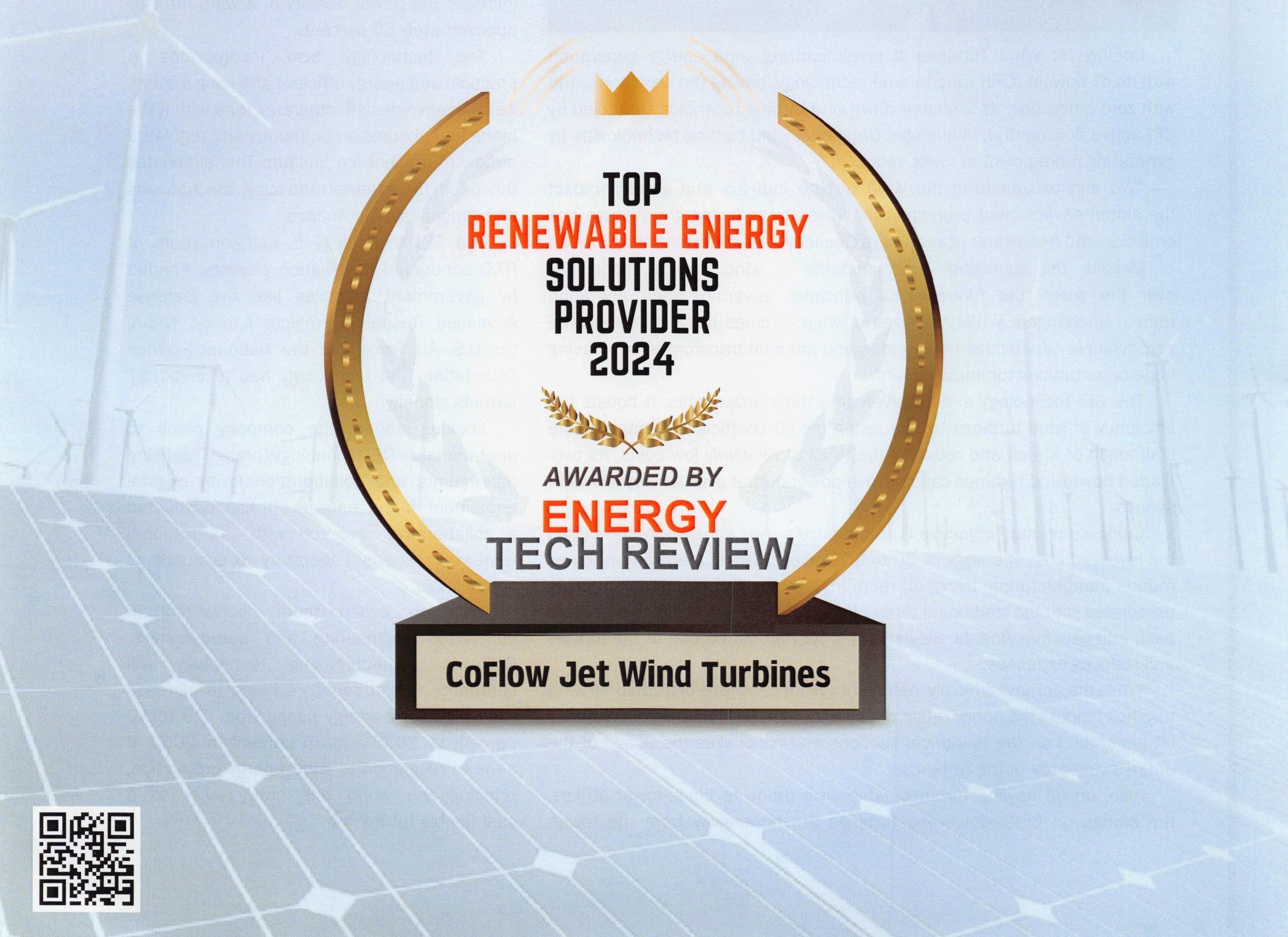 CoFlow Jet Wind Turbines:  Top 10 Renewal Energy Solutions Providers – 2024,   Energy Tech Review.